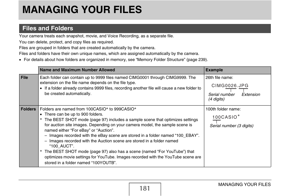 Managing your files, Files and folders | Casio EXILIM EX-Z1080 User Manual | Page 181 / 267