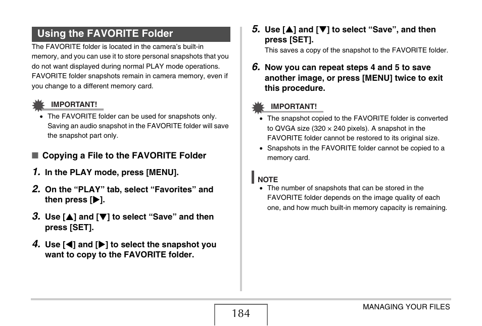 Using the favorite folder | Casio EXILIM EX-Z1080 User Manual | Page 184 / 267