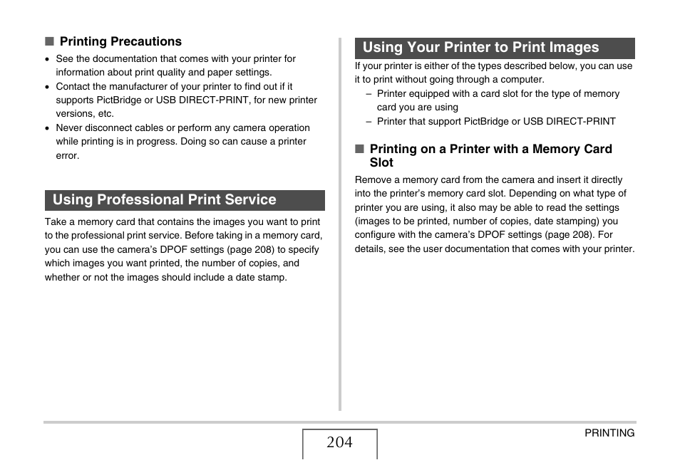 Using professional print service, Using your printer to print images, E 204) | Casio EXILIM EX-Z1080 User Manual | Page 204 / 267