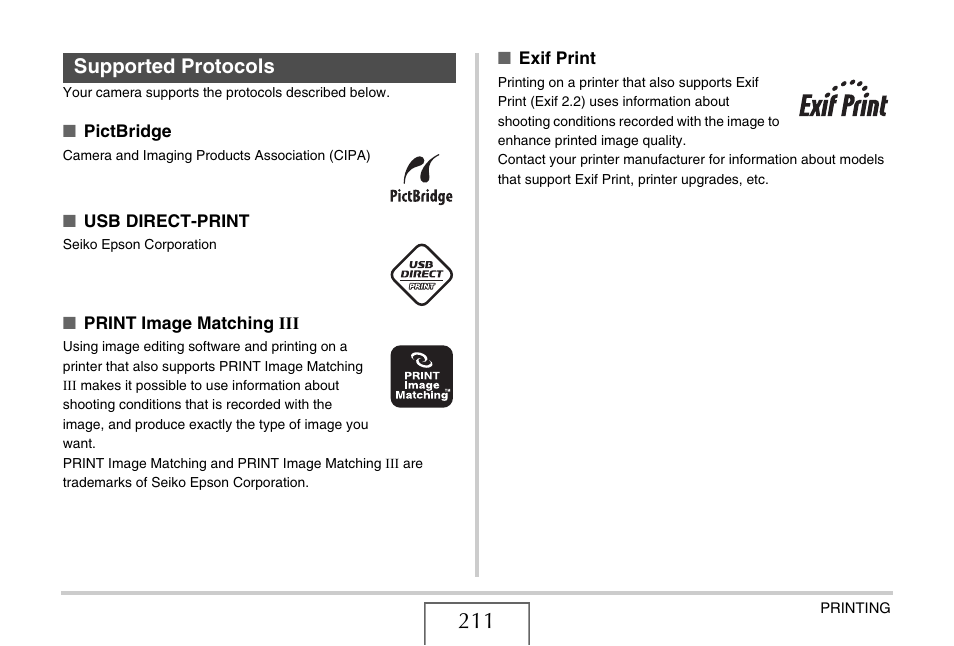 Supported protocols | Casio EXILIM EX-Z1080 User Manual | Page 211 / 267