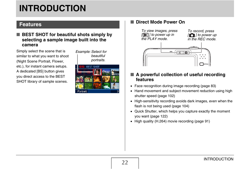Introduction, Features | Casio EXILIM EX-Z1080 User Manual | Page 22 / 267