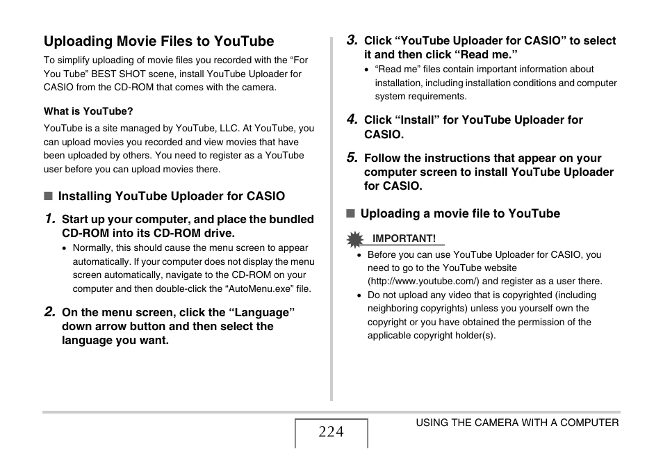 Uploading movie files to youtube | Casio EXILIM EX-Z1080 User Manual | Page 224 / 267