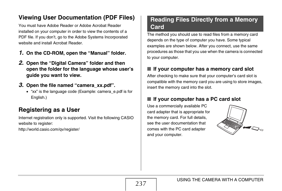 Viewing user documentation (pdf files), Registering as a user, Reading files directly from a memory card | E 237) | Casio EXILIM EX-Z1080 User Manual | Page 237 / 267