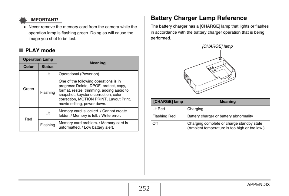 Battery charger lamp reference, Play mode | Casio EXILIM EX-Z1080 User Manual | Page 252 / 267