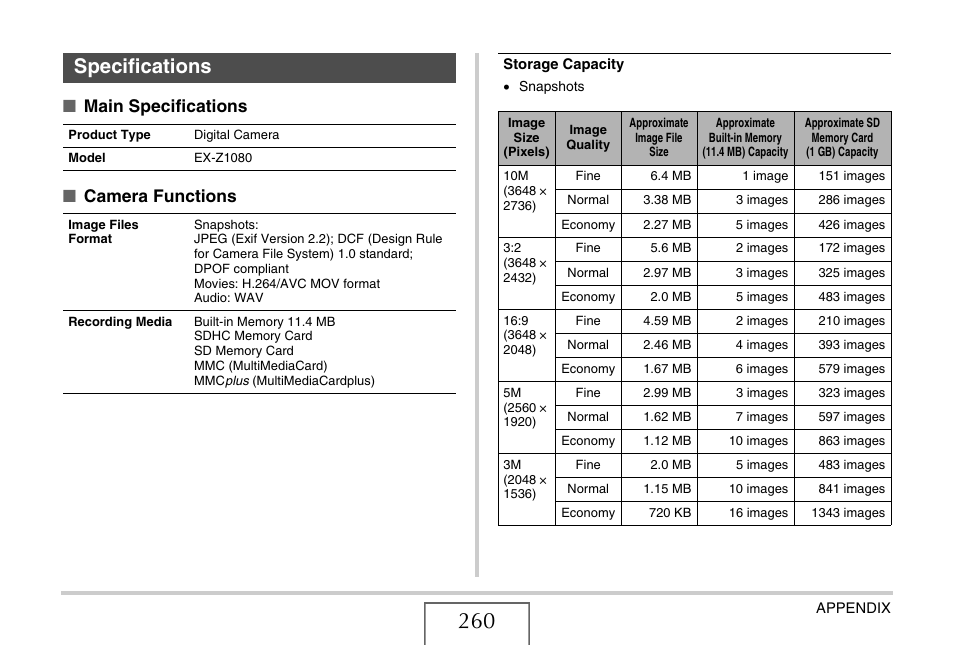 Specifications, Main specifications ■ camera functions | Casio EXILIM EX-Z1080 User Manual | Page 260 / 267