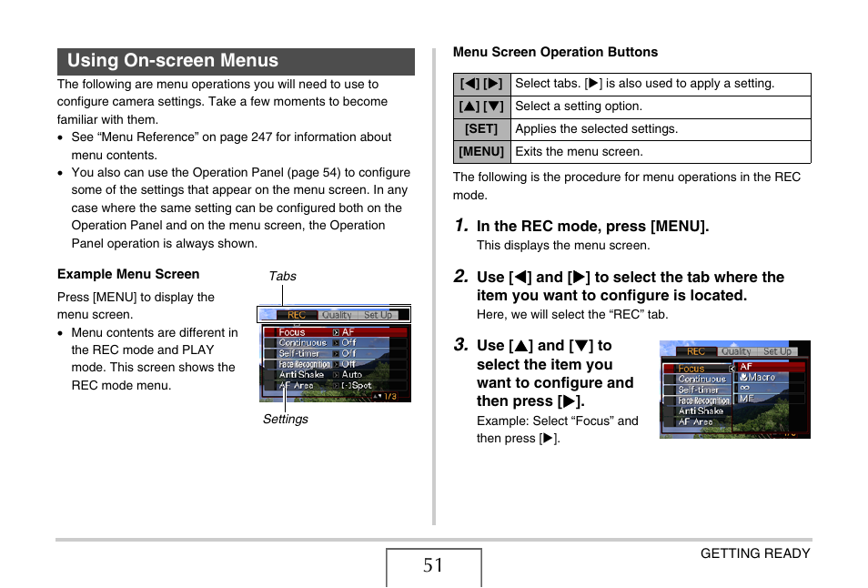 Using on-screen menus | Casio EXILIM EX-Z1080 User Manual | Page 51 / 267