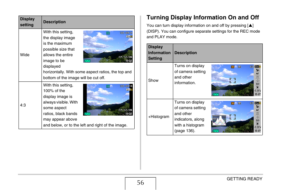 Turning display information on and off | Casio EXILIM EX-Z1080 User Manual | Page 56 / 267