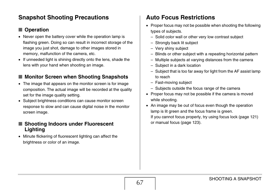 Snapshot shooting precautions, Auto focus restrictions | Casio EXILIM EX-Z1080 User Manual | Page 67 / 267