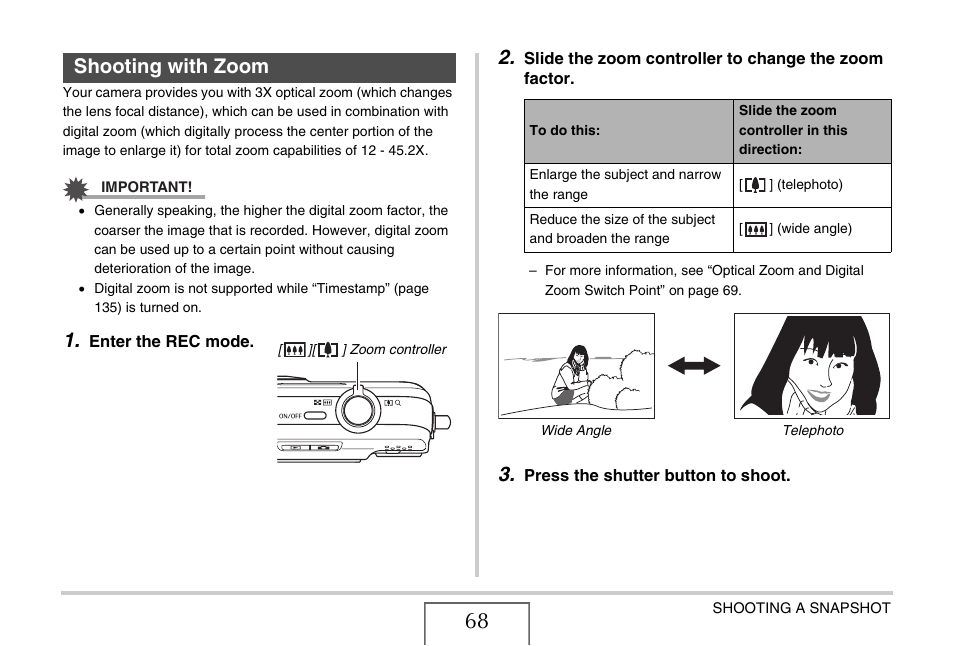 Shooting with zoom | Casio EXILIM EX-Z1080 User Manual | Page 68 / 267