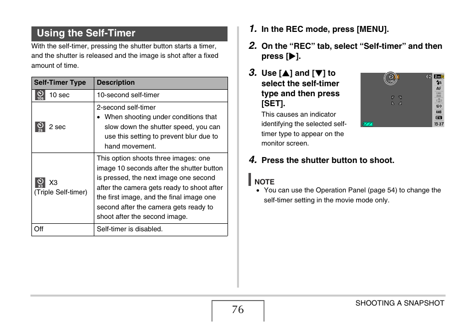 Using the self-timer | Casio EXILIM EX-Z1080 User Manual | Page 76 / 267