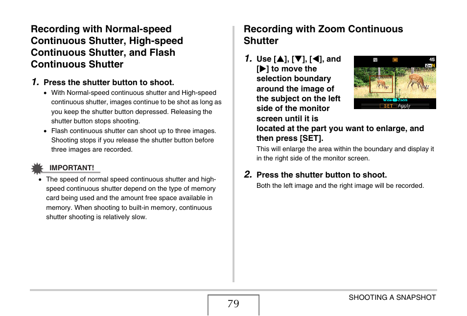 Recording with zoom continuous shutter, Recording with zoom continuous shutter 1 | Casio EXILIM EX-Z1080 User Manual | Page 79 / 267