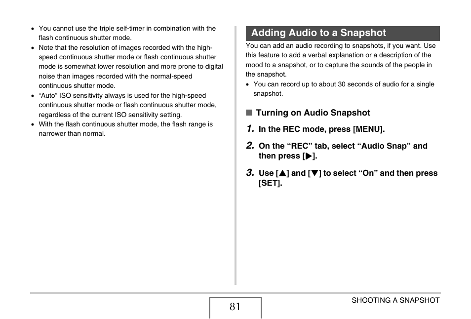 Adding audio to a snapshot | Casio EXILIM EX-Z1080 User Manual | Page 81 / 267