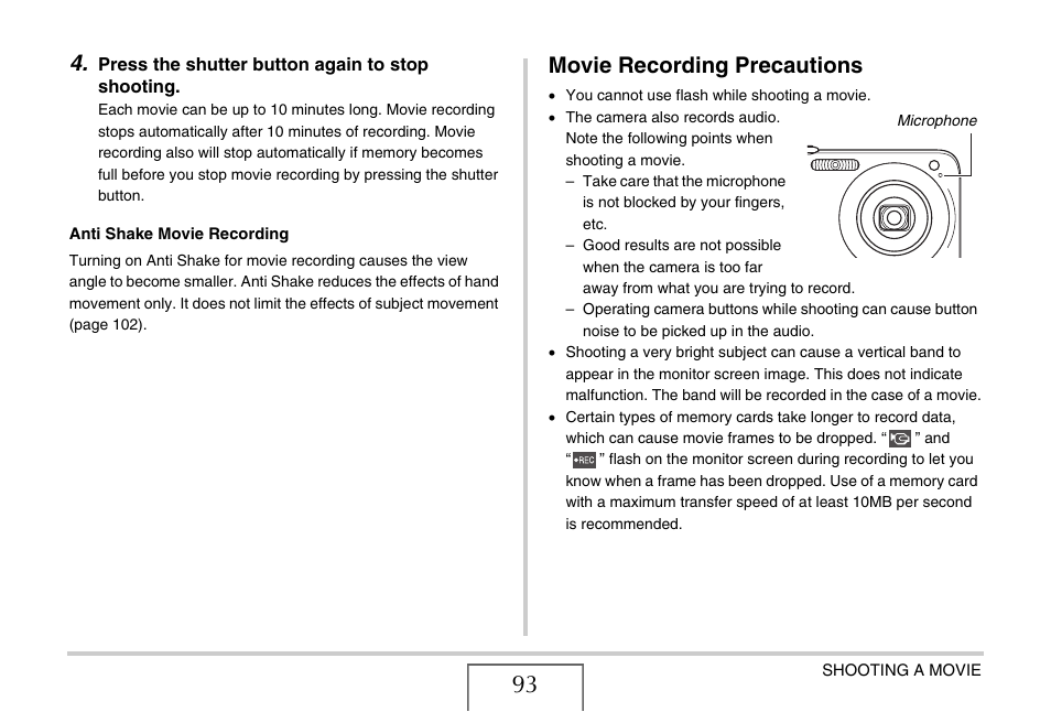 Movie recording precautions | Casio EXILIM EX-Z1080 User Manual | Page 93 / 267
