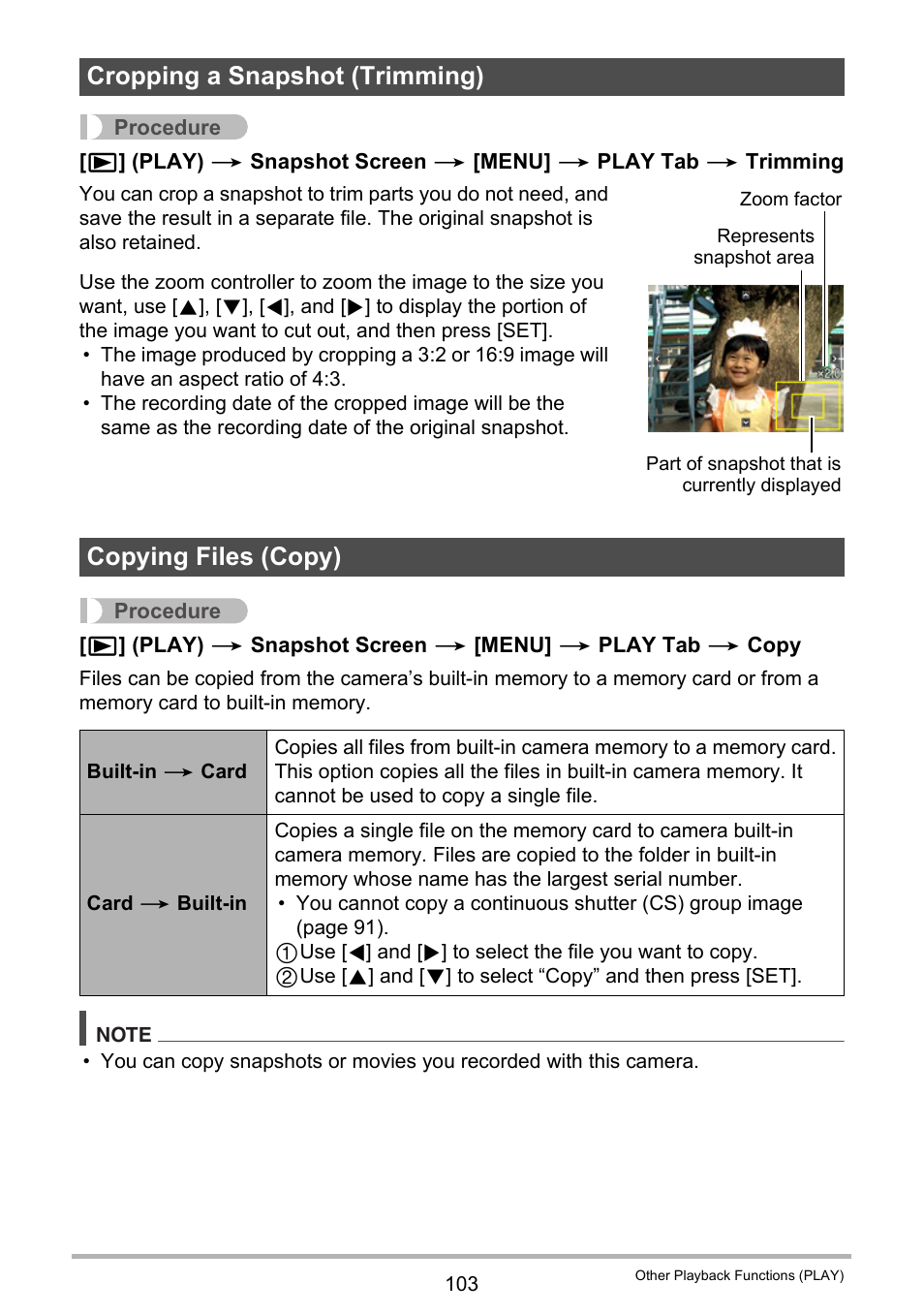 Cropping a snapshot (trimming), Copying files (copy) | Casio EXILIM K1160PCM2DMX User Manual | Page 103 / 176