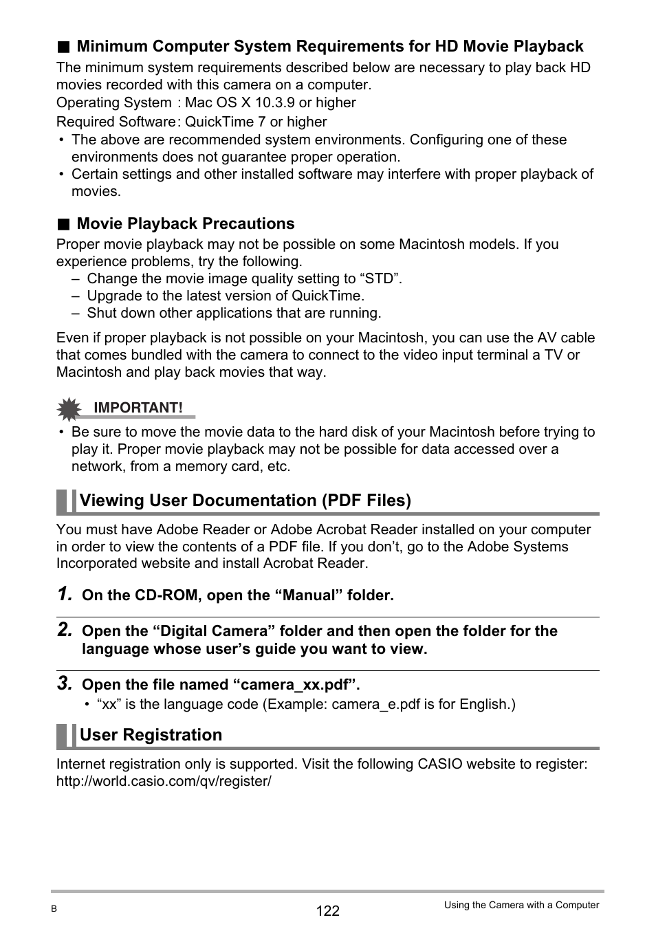 Viewing user documentation (pdf files), User registration | Casio EXILIM K1160PCM2DMX User Manual | Page 122 / 176