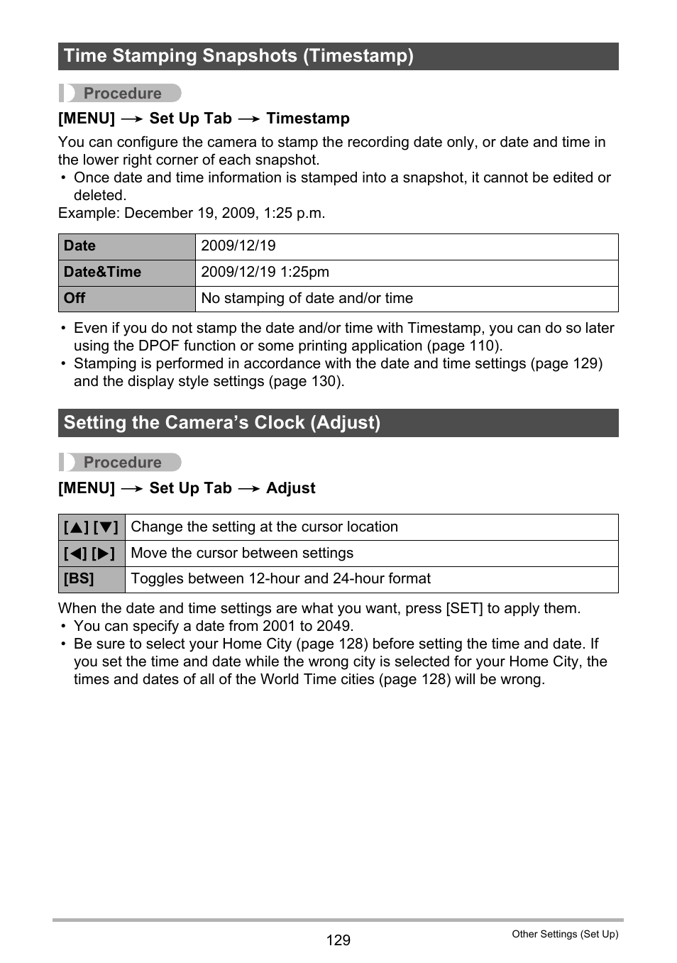 Time stamping snapshots (timestamp), Setting the camera’s clock (adjust) | Casio EXILIM K1160PCM2DMX User Manual | Page 129 / 176