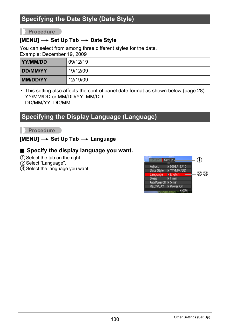 Specifying the date style (date style), Specifying the display language (language), E 130) | Casio EXILIM K1160PCM2DMX User Manual | Page 130 / 176
