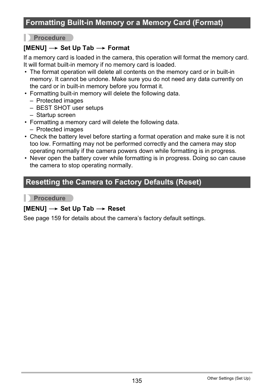 Resetting the camera to factory defaults (reset) | Casio EXILIM K1160PCM2DMX User Manual | Page 135 / 176