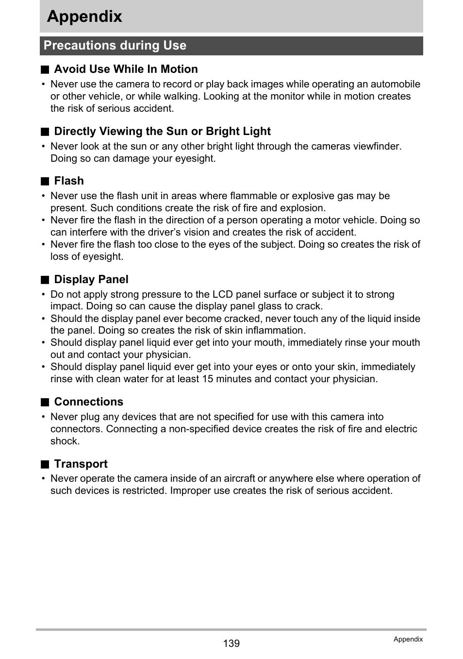 Appendix, Precautions during use | Casio EXILIM K1160PCM2DMX User Manual | Page 139 / 176