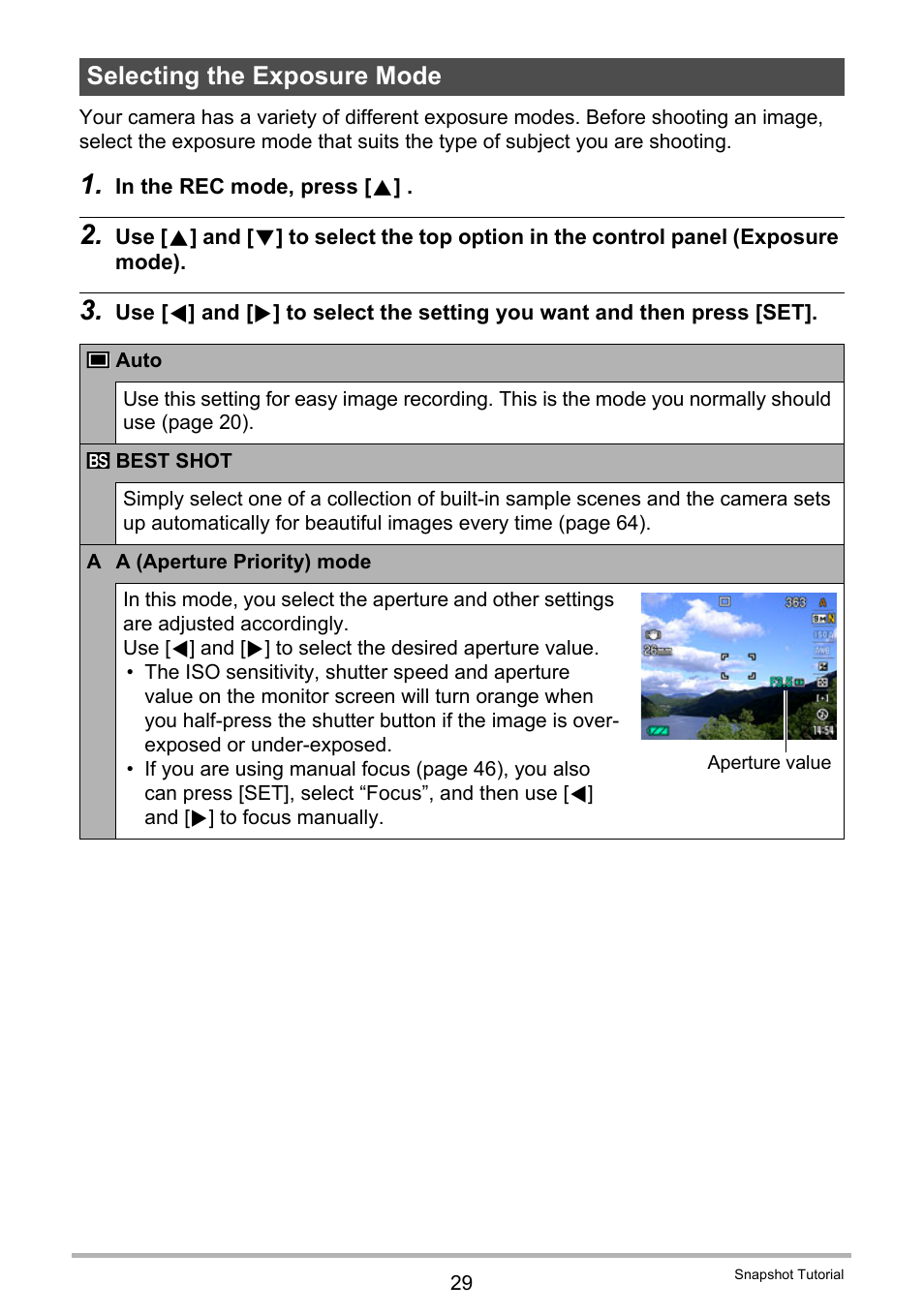 Selecting the exposure mode | Casio EXILIM K1160PCM2DMX User Manual | Page 29 / 176