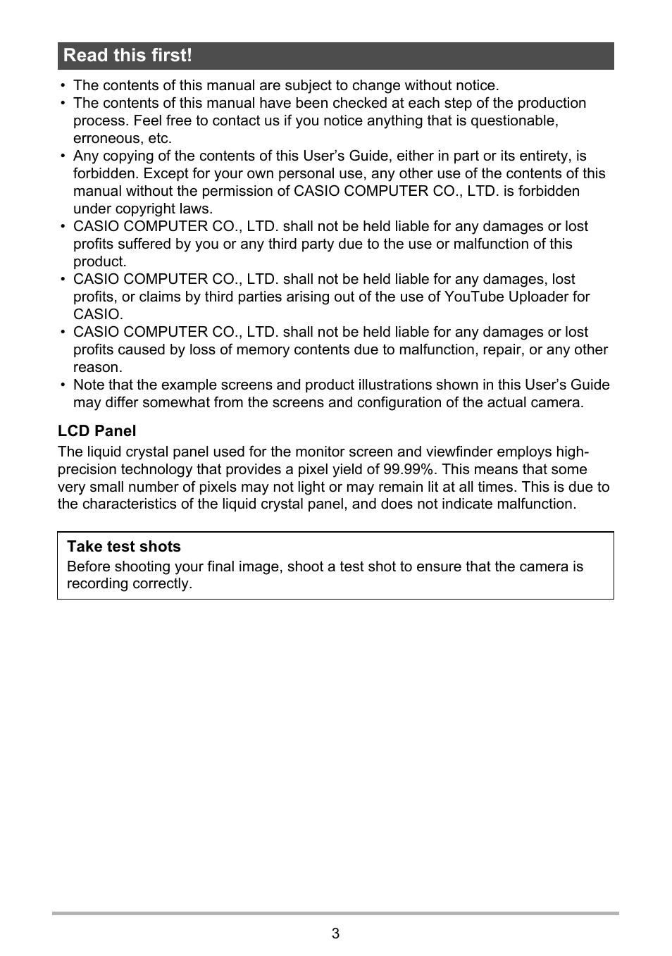 Read this first | Casio EXILIM K1160PCM2DMX User Manual | Page 3 / 176
