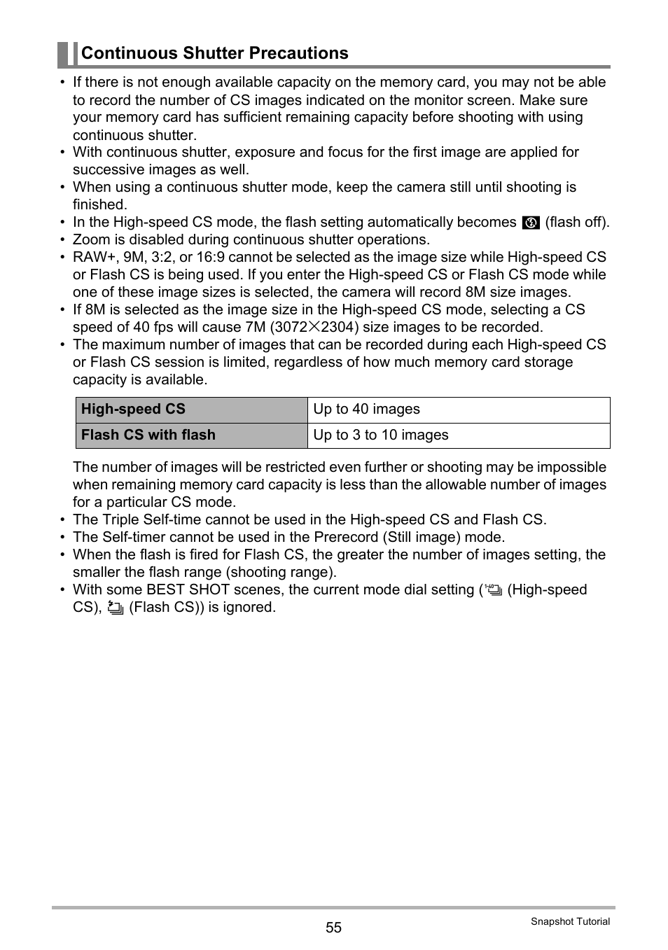 Continuous shutter precautions | Casio EXILIM K1160PCM2DMX User Manual | Page 55 / 176