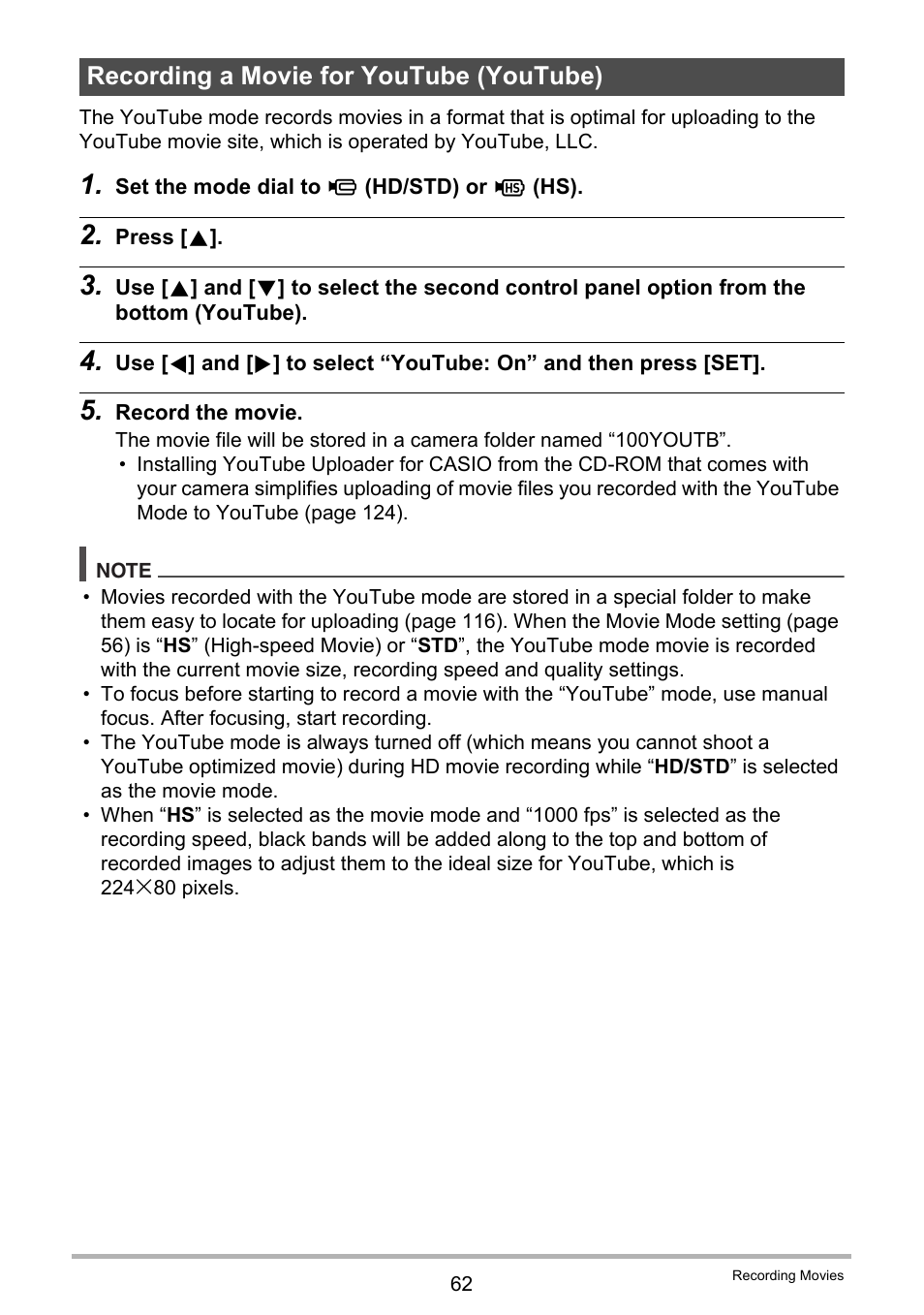 Recording a movie for youtube (youtube) | Casio EXILIM K1160PCM2DMX User Manual | Page 62 / 176