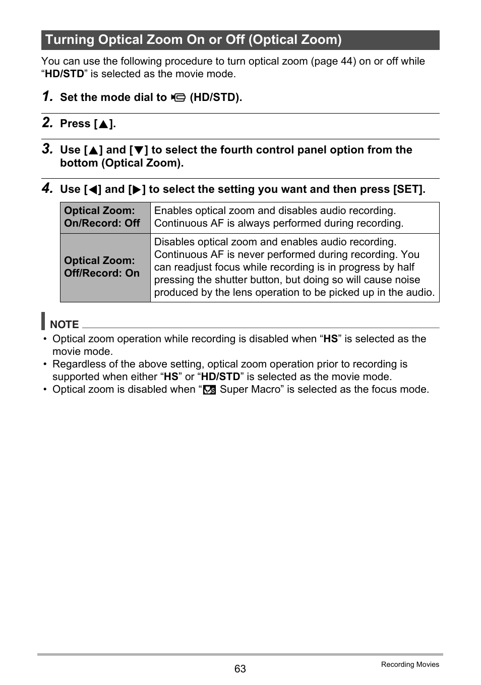 Turning optical zoom on or off (optical zoom) | Casio EXILIM K1160PCM2DMX User Manual | Page 63 / 176