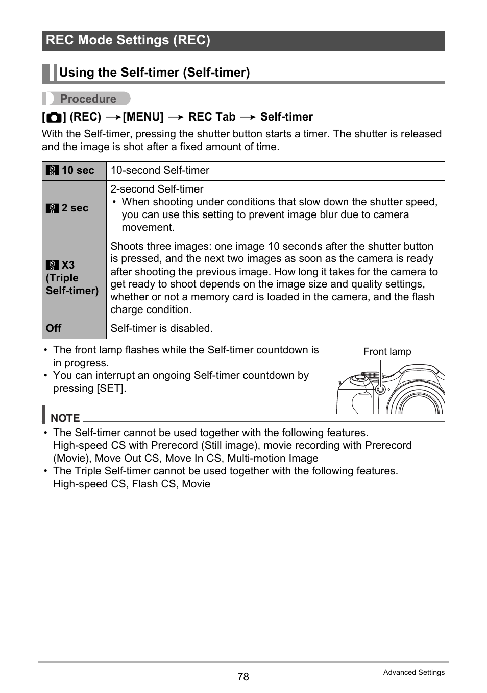 Rec mode settings (rec), Using the self-timer (self-timer) | Casio EXILIM K1160PCM2DMX User Manual | Page 78 / 176