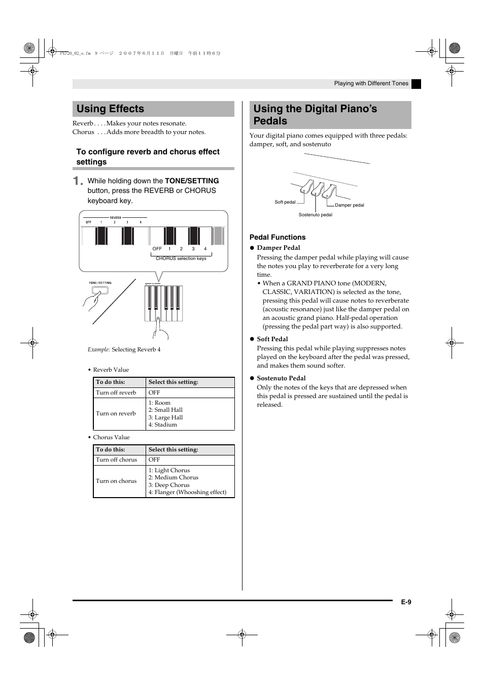 Using effects, Using the digital piano’s pedals | Casio PX720C User Manual | Page 11 / 37