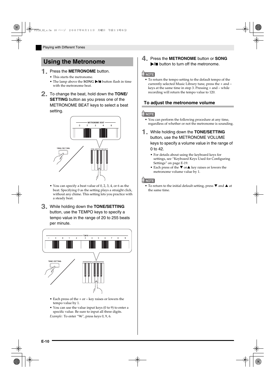 Using the metronome | Casio PX720C User Manual | Page 12 / 37