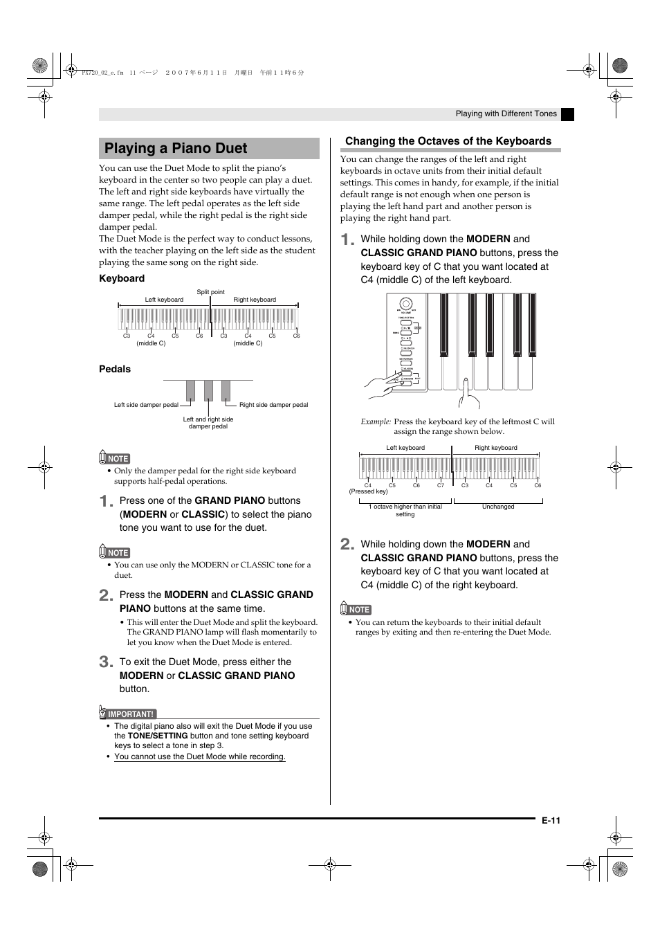 Playing a piano duet, Changing the octaves of the keyboards | Casio PX720C User Manual | Page 13 / 37