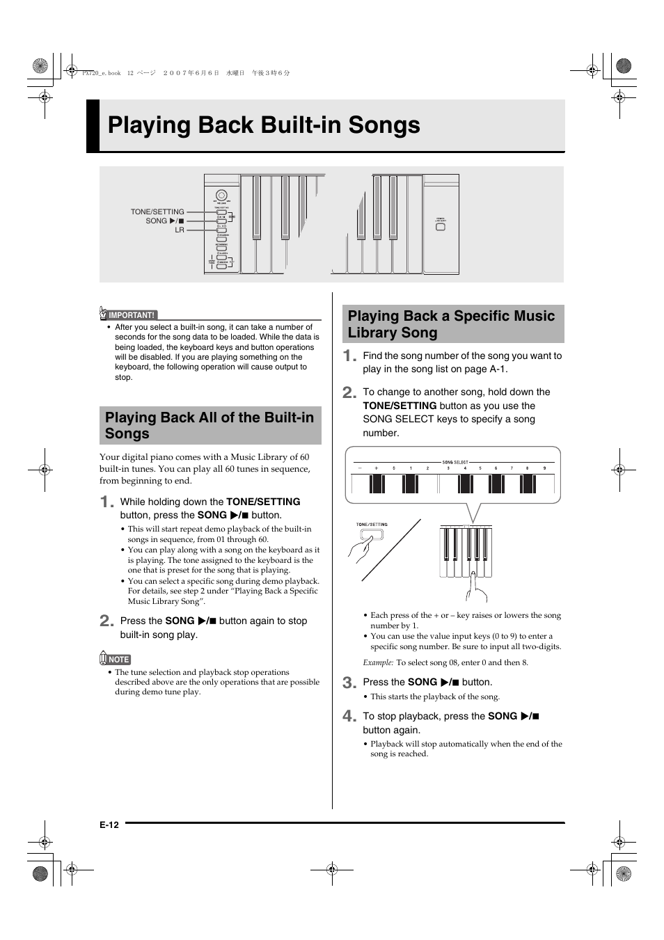 Playing back built-in songs | Casio PX720C User Manual | Page 14 / 37