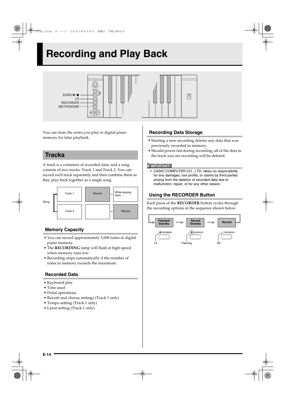 Recording and play back, Tracks | Casio PX720C User Manual | Page 16 / 37