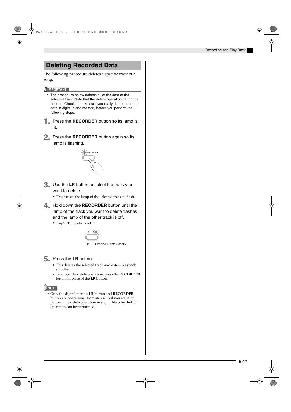 Deleting recorded data | Casio PX720C User Manual | Page 19 / 37