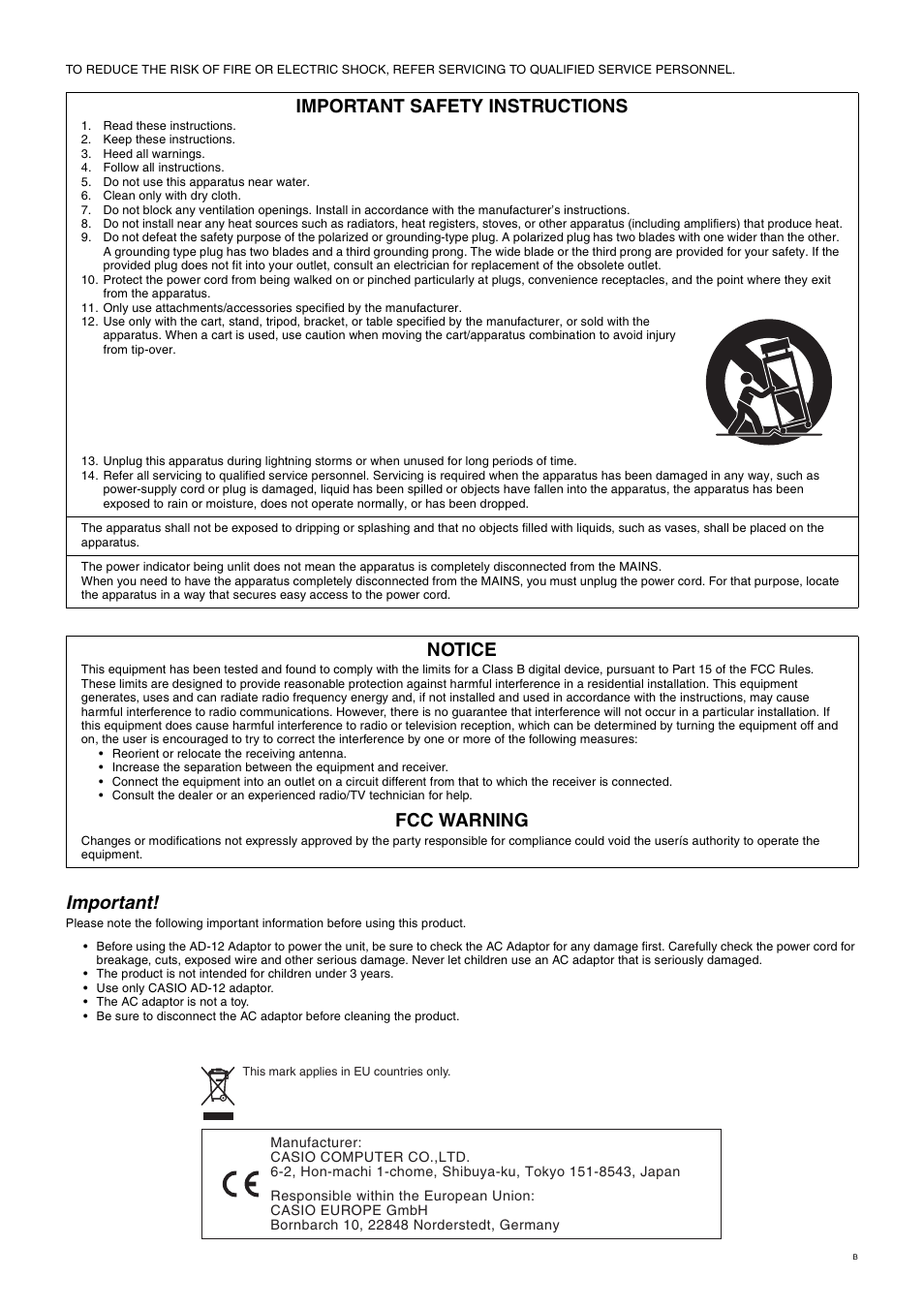 Important, Important safety instructions, Notice | Fcc warning | Casio PX720C User Manual | Page 2 / 37