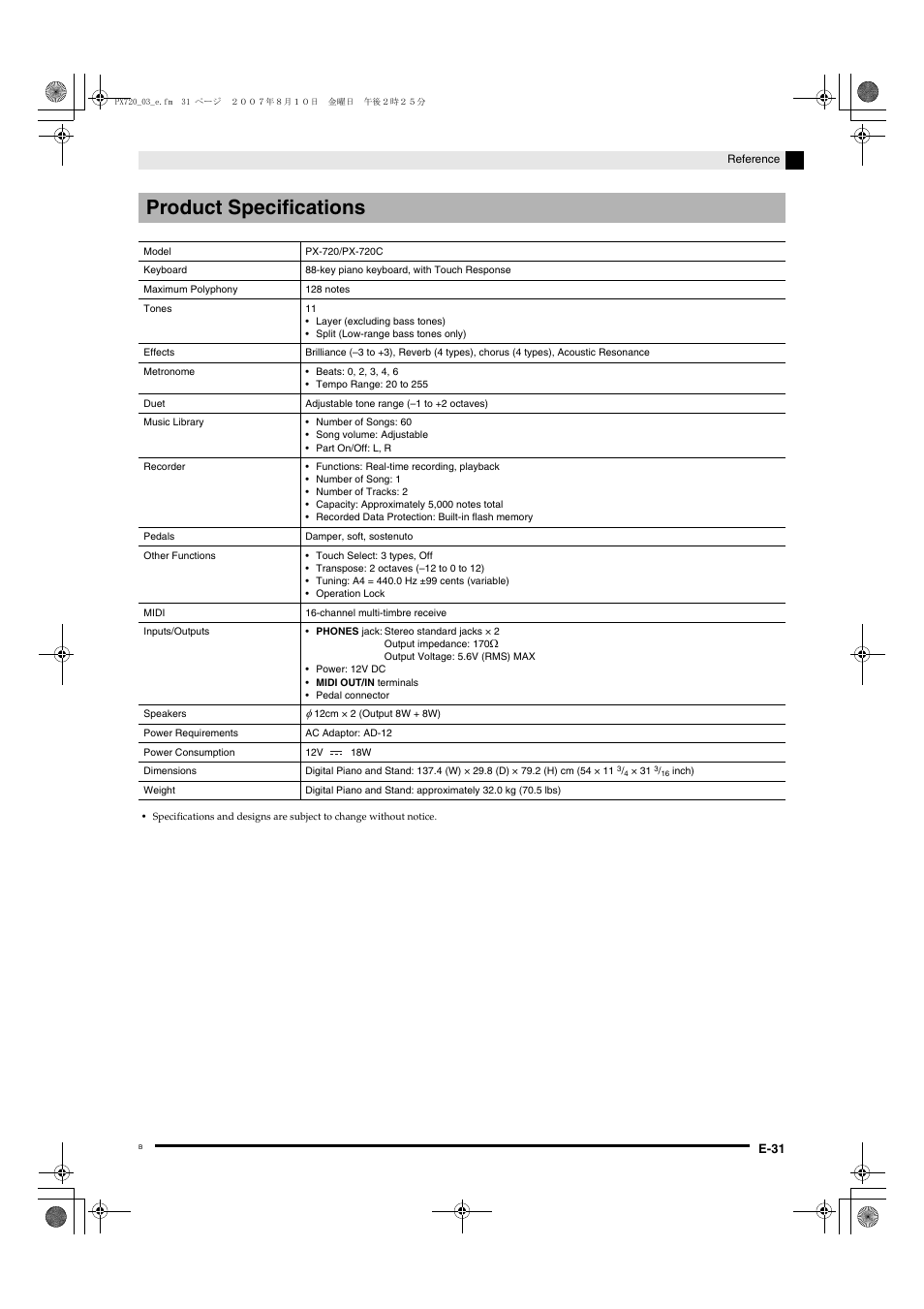 Product specifications | Casio PX720C User Manual | Page 33 / 37