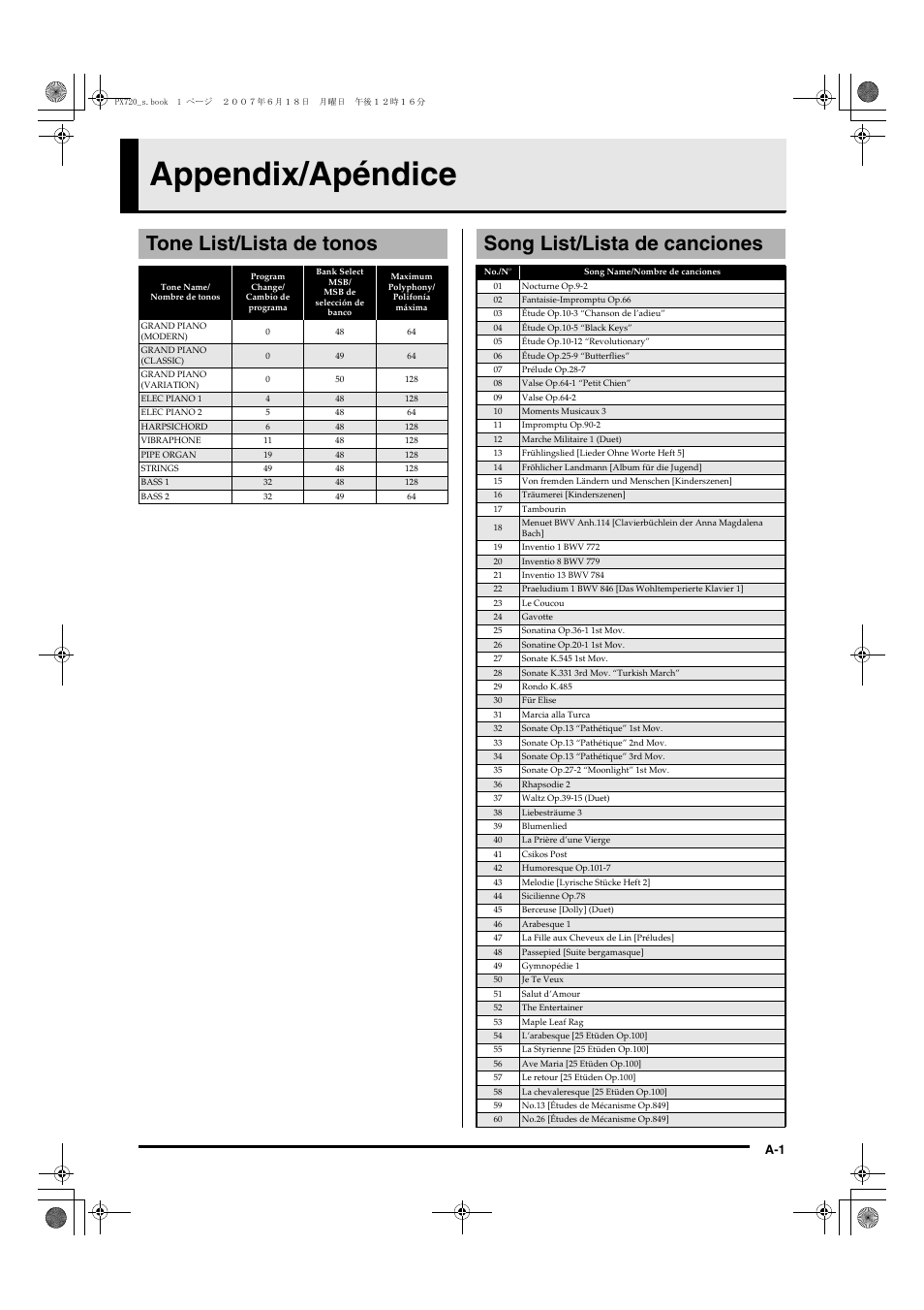 Appendix/apéndice, Tone list/lista de tonos, Song list/lista de canciones | Casio PX720C User Manual | Page 35 / 37