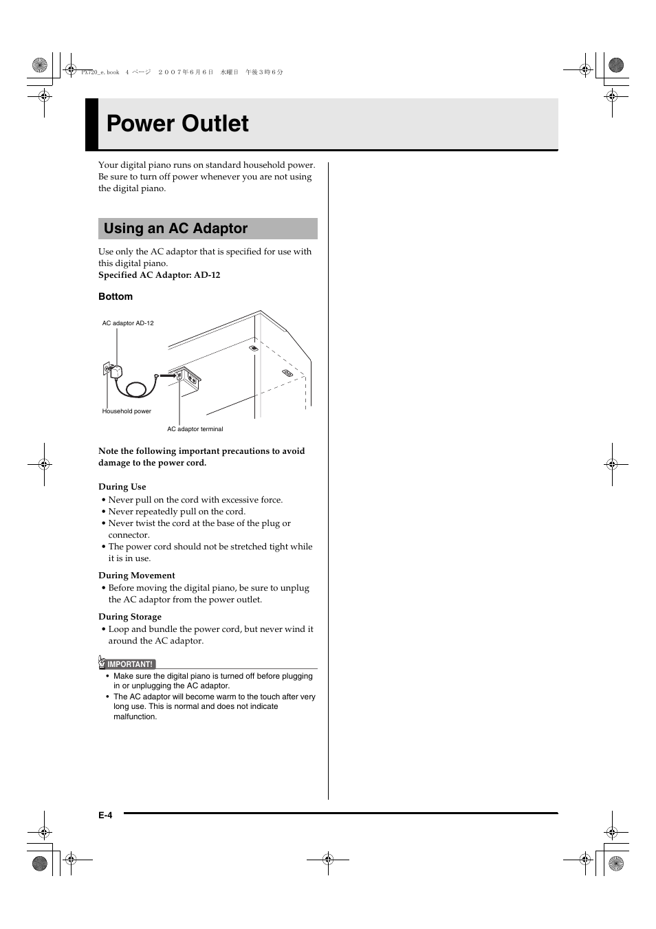 Power outlet, Using an ac adaptor | Casio PX720C User Manual | Page 6 / 37