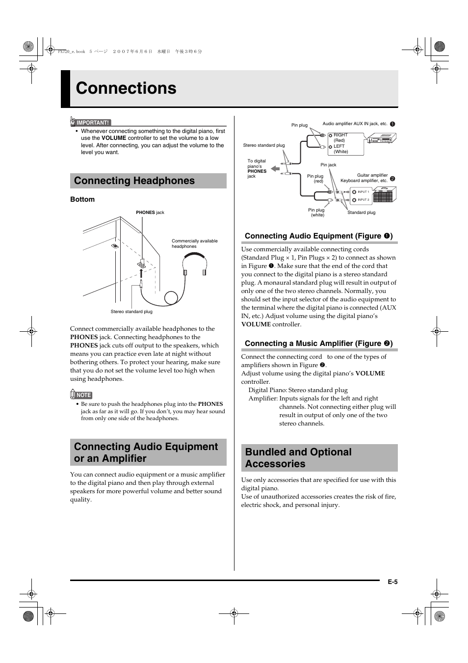 Connections, Bundled and optional accessories | Casio PX720C User Manual | Page 7 / 37