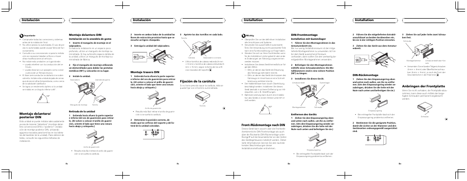 Montaje delantero/ posterior din, Instalación, Fijación de la carátula | Front-/rückmontage nach din, Installation, Anbringen der frontplatte | Pioneer DEH-3000MP User Manual | Page 2 / 8