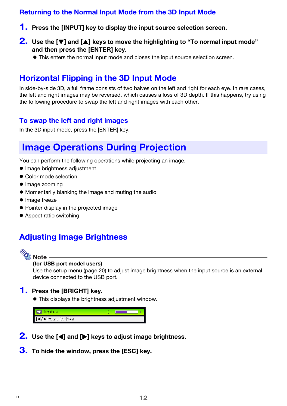Horizontal flipping in the 3d input mode, Image operations during projection, Adjusting image brightness | Casio XJ-M250 User Manual | Page 12 / 61