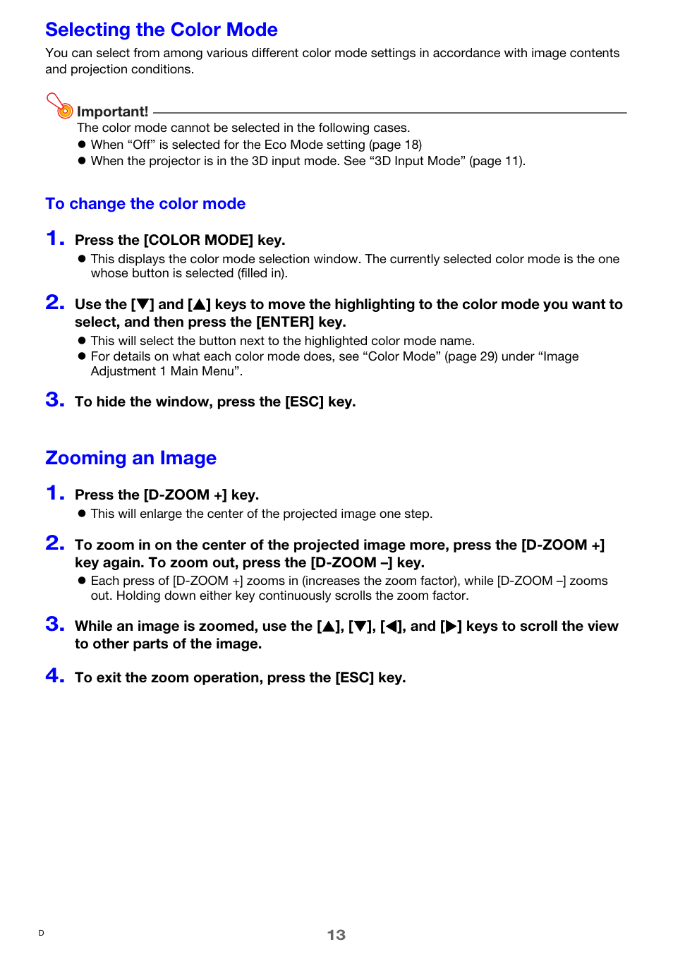 Selecting the color mode, Zooming an image | Casio XJ-M250 User Manual | Page 13 / 61
