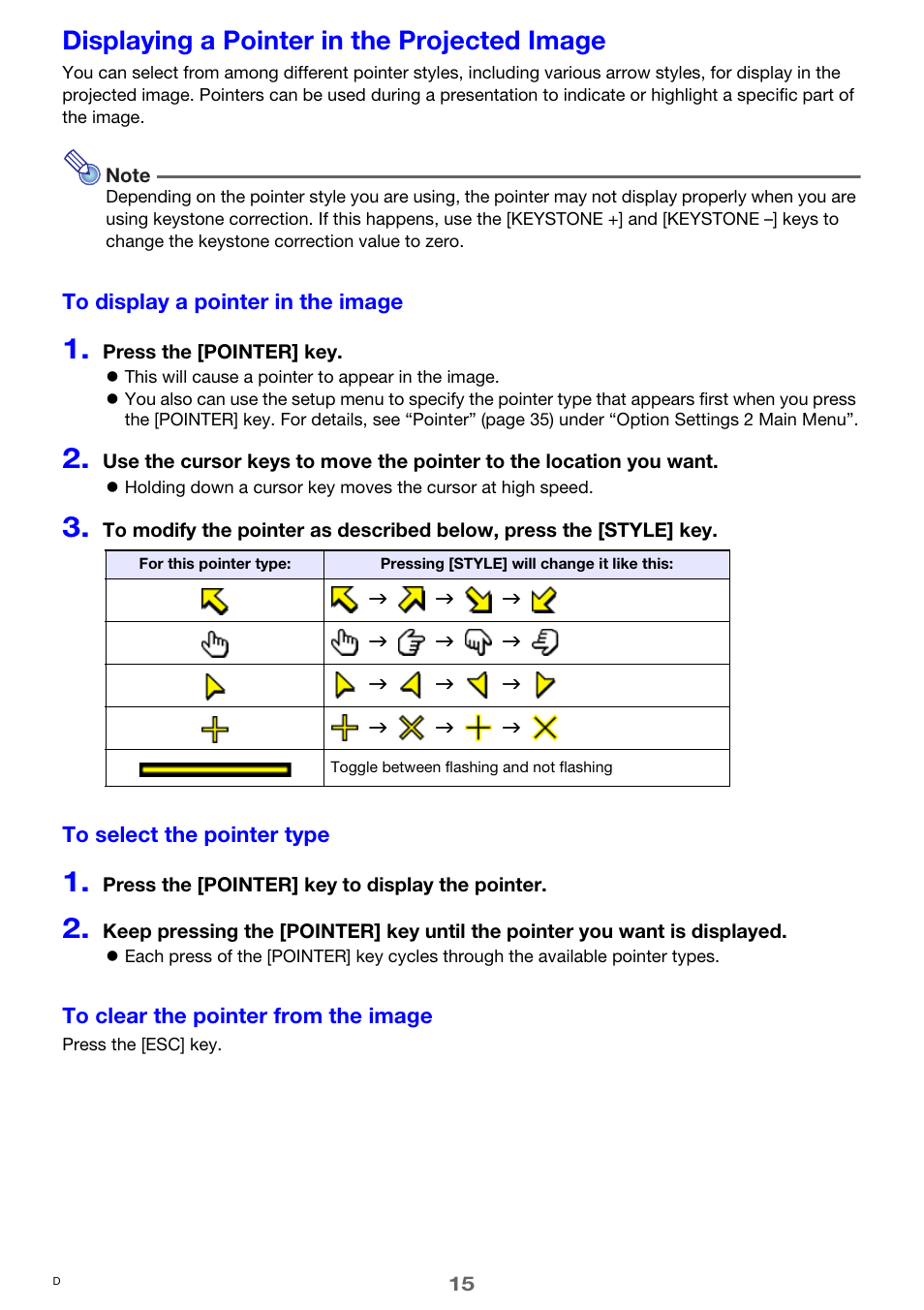 Displaying a pointer in the projected image | Casio XJ-M250 User Manual | Page 15 / 61