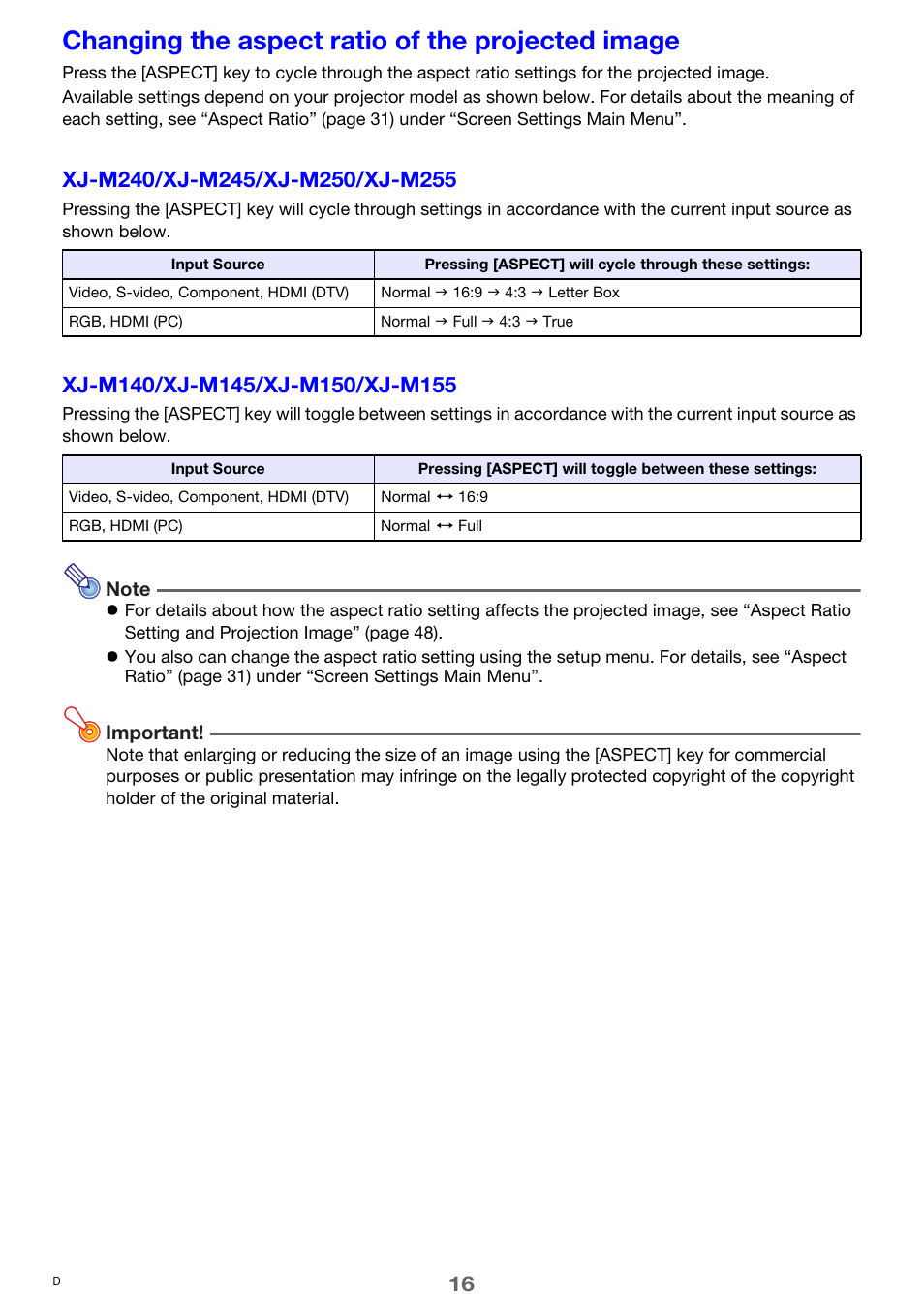 Changing the aspect ratio of the projected image, E 16) | Casio XJ-M250 User Manual | Page 16 / 61