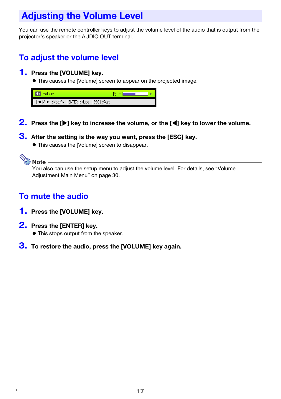 Adjusting the volume level, To adjust the volume level, To mute the audio | Casio XJ-M250 User Manual | Page 17 / 61