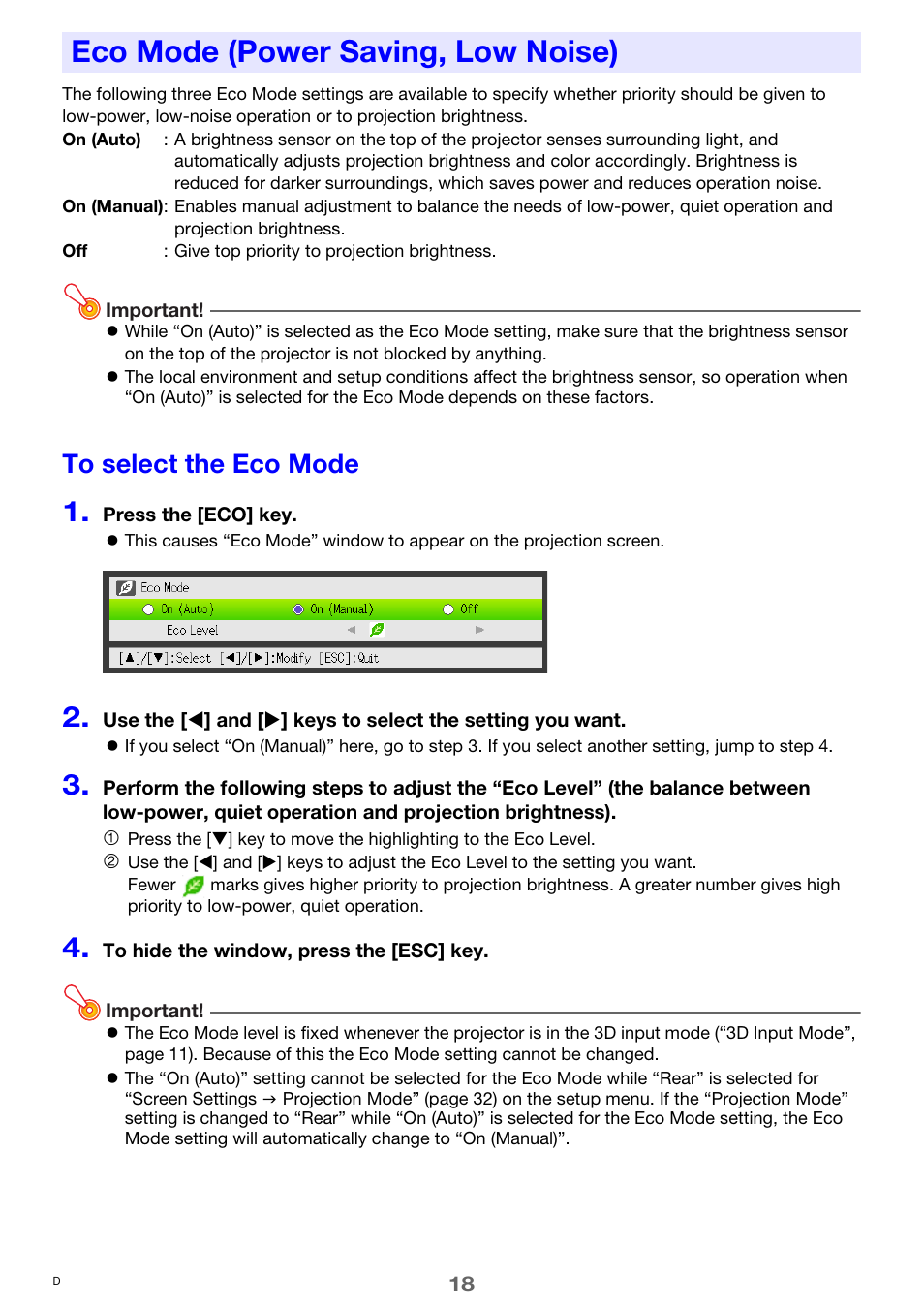 Eco mode (power saving, low noise), To select the eco mode, E 18) | Casio XJ-M250 User Manual | Page 18 / 61