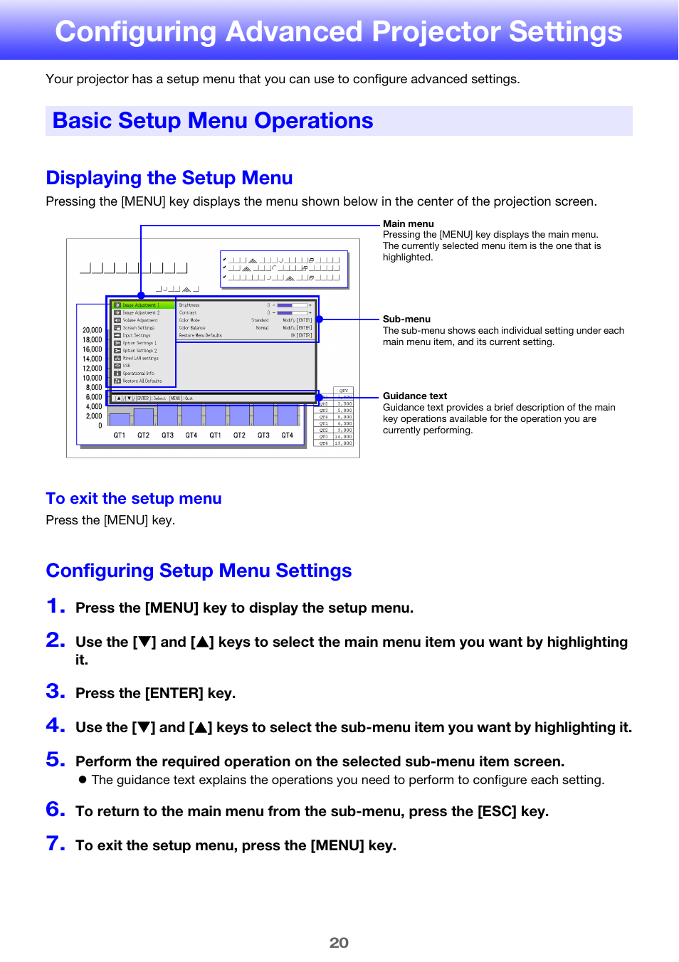 Configuring advanced projector settings, Basic setup menu operations, Displaying the setup menu | Configuring setup menu settings, E 20) to | Casio XJ-M250 User Manual | Page 20 / 61