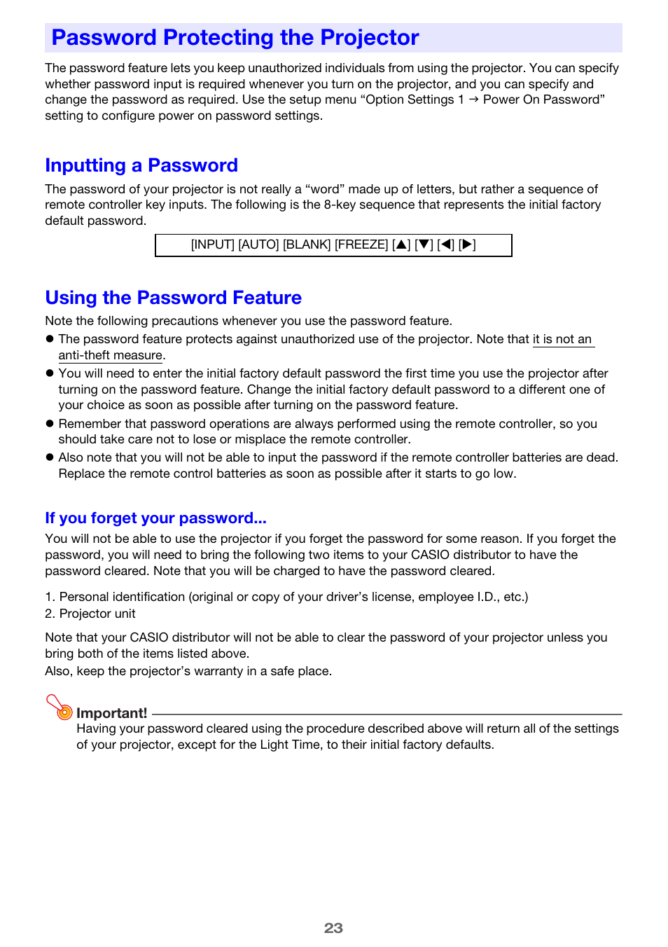 Password protecting the projector, Inputting a password, Using the password feature | Casio XJ-M250 User Manual | Page 23 / 61