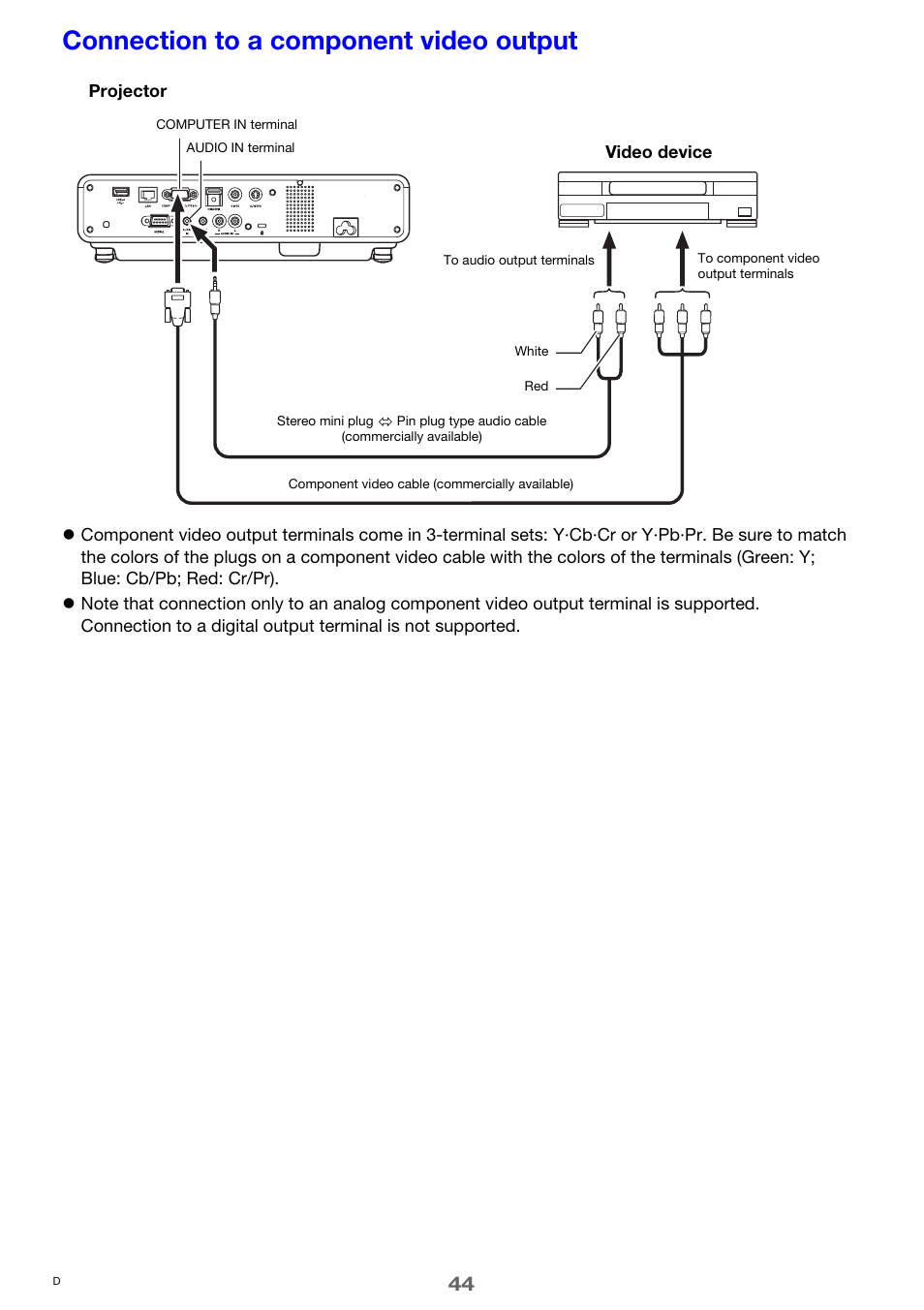 Connection to a component video output | Casio XJ-M250 User Manual | Page 44 / 61